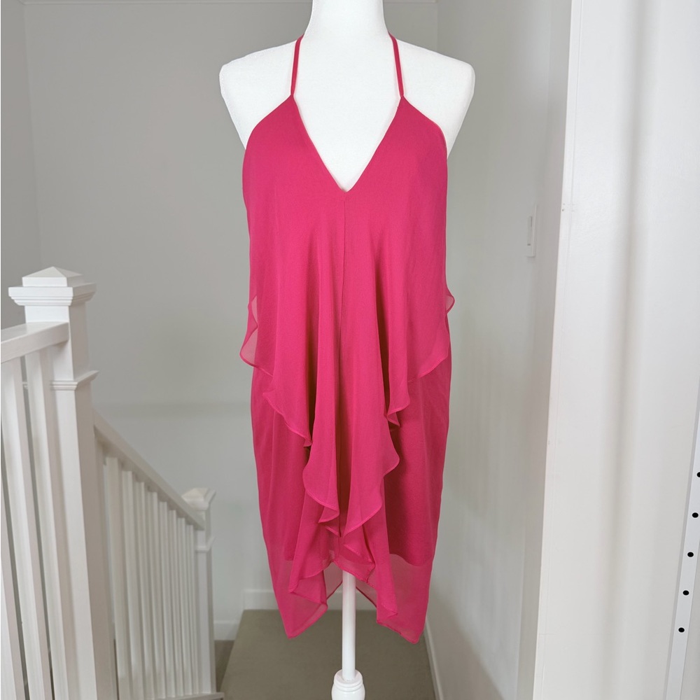 Olivaceous Silk Asymmetrical Summer Resort Dress Fuchsia size M Like New - Picture 3 of 8